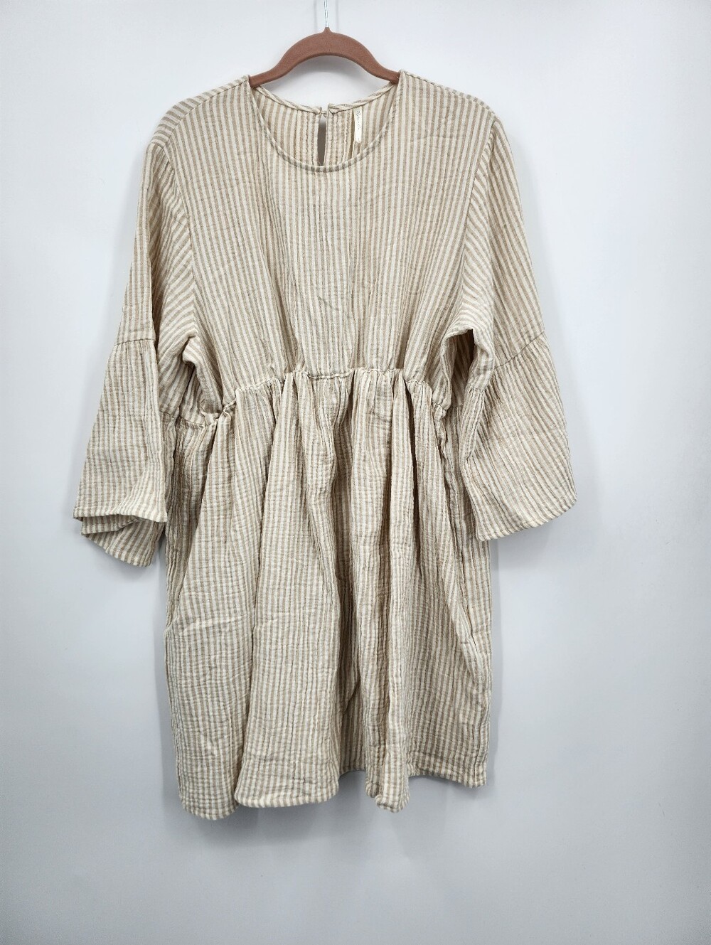 NWT Rylee & Cru Bell Sleeve Dress Almond Beige Vertical Stripes 100% Cotton Sz L
